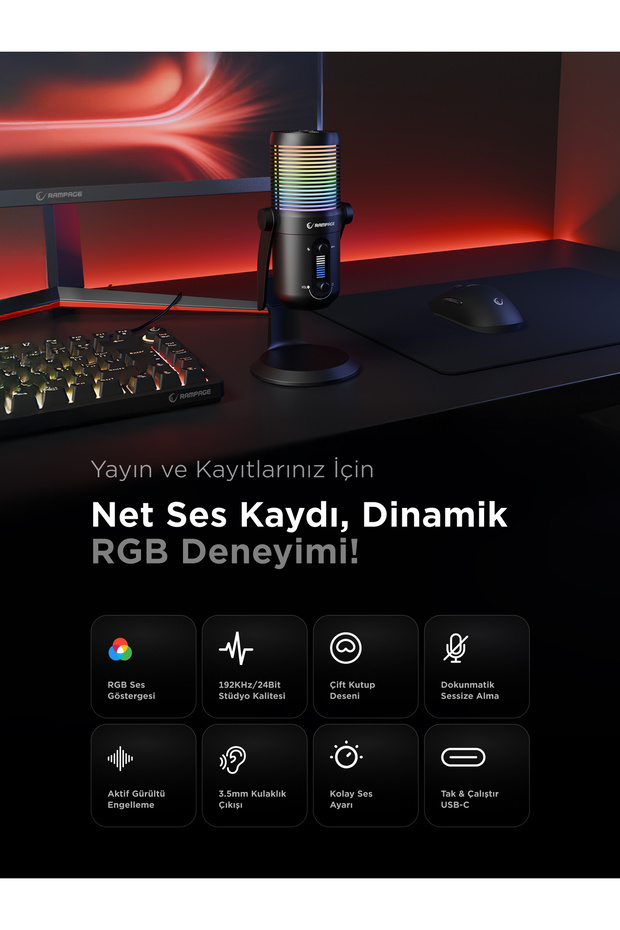 Diyez Siyah Rgb Ses Gösterge Mikrofon Oyuncu Mikrofonu Yayıncı Mikrofonu Youtuber Mikrofonu - 4