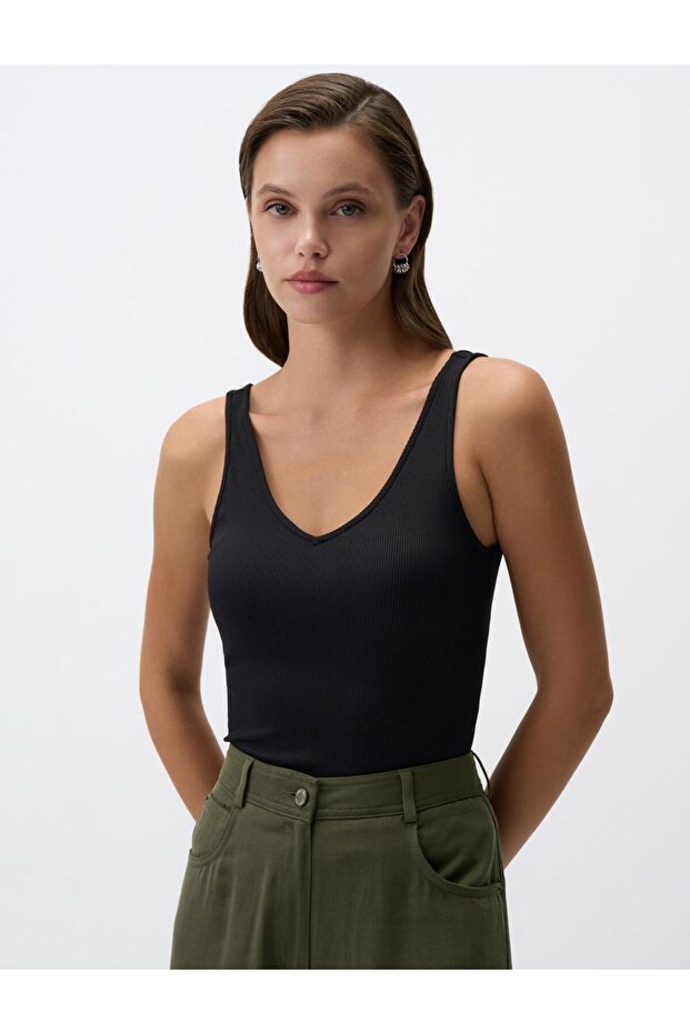 Siyah V Yaka Kolsuz Basic Örme Atlet - 1