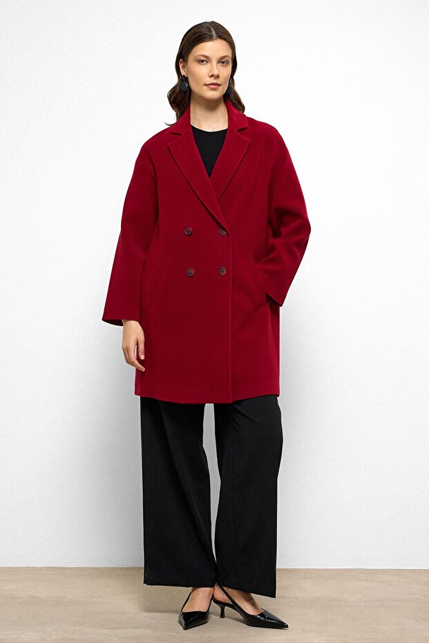 Patterned Lined Oversize Double Breasted Coat Red 3095 - 3