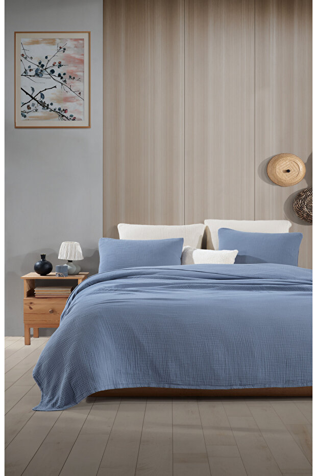 Dark Blue Double 240x250cm Bedspread/2 Pieces 50x70cm Pillow 4 Layers Multi Muslin 100% Cotton