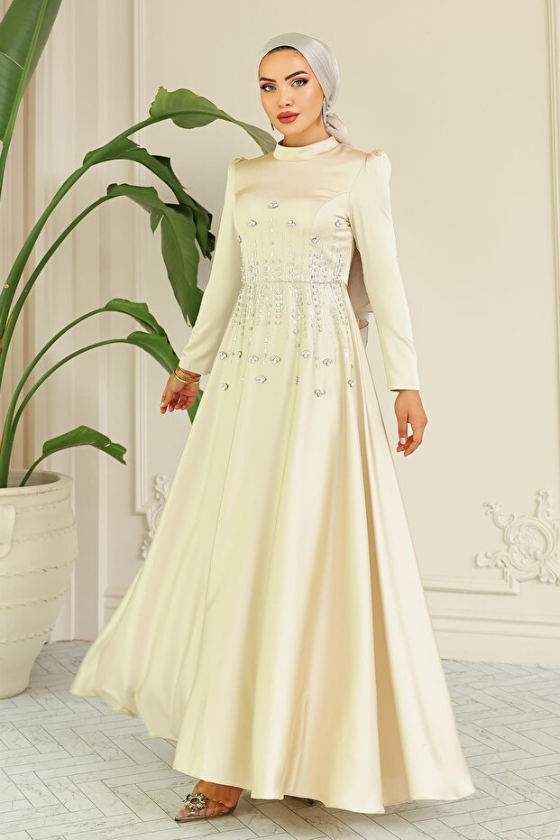 Flared Front Stone Patterned Satin Hijab Evening Dress Bej 1680