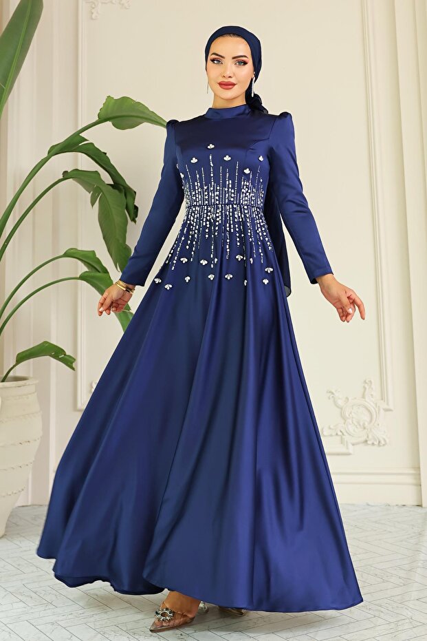 Flared Front Stone Patterned Satin Hijab Evening Dress Dark Blue 1680