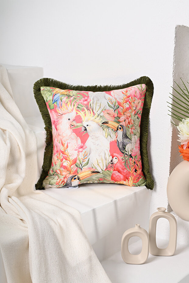Pastel Color Watercolor Parrot Patterned Digital Printed Velvet Throw Pillow Cover with Fringes