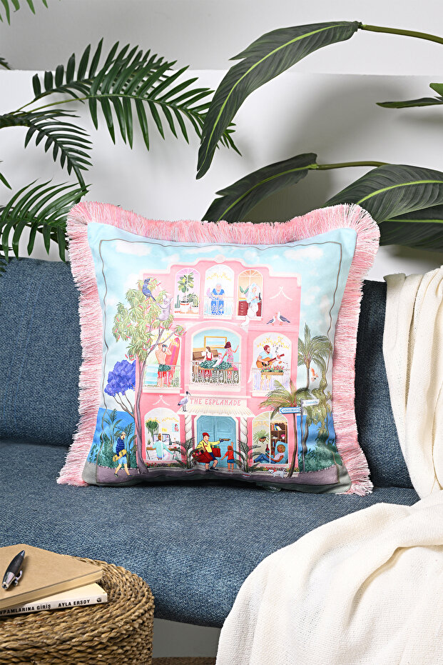 Watercolor Fun Building Pattern Digital Printed Velvet Cushion Cover with Fringes