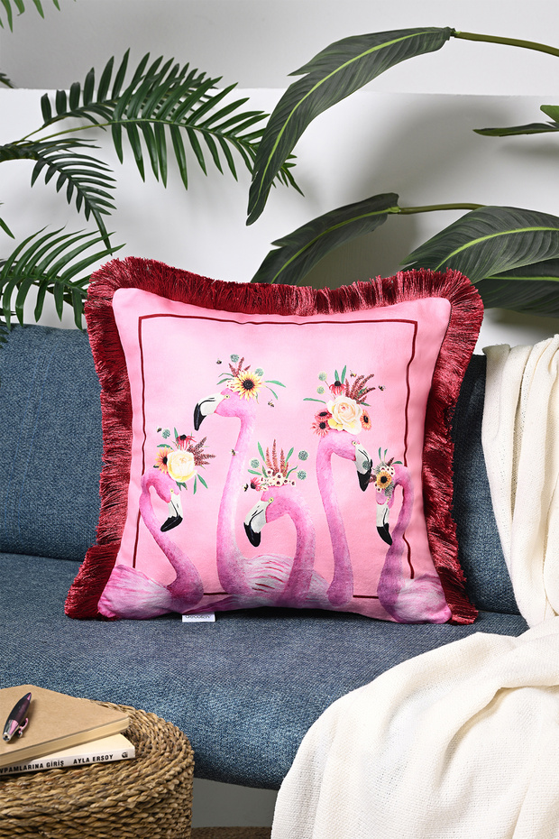 Pink Background Flamingo Patterned Digital Printed Velvet Cushion Cover with Fringes