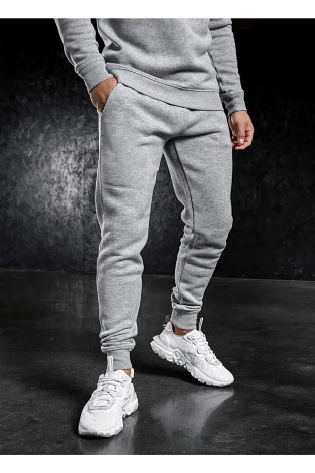 Erkek Kışlık Eşofman Altı Dar Paça Jogger Gri Şardonlu Pamuklu Kumaş - 1