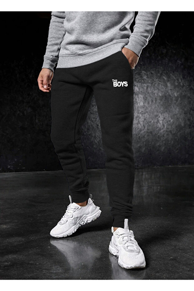 Men's Thick Black Winter Sweatpants Printed Skinny Leg Jogger Cotton
