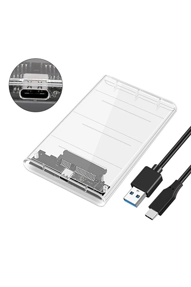 علبة محرك أقراص صلبة خارجية شفافة مقاس 2.5 بوصة من النوع C إلى النوع C بمنفذ USB 3.0 بسرعة 5 جيجابت في الثانية