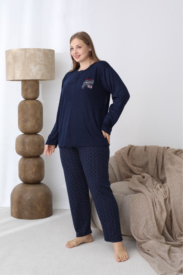 Women's Winter Plus Size Curve Embroidered Patterned Collar Buttoned Long Sleeve Pajama Set