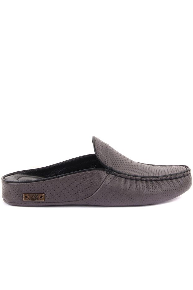 - Gray Leather Studded Detailed Men's House Slippers 110-547-X