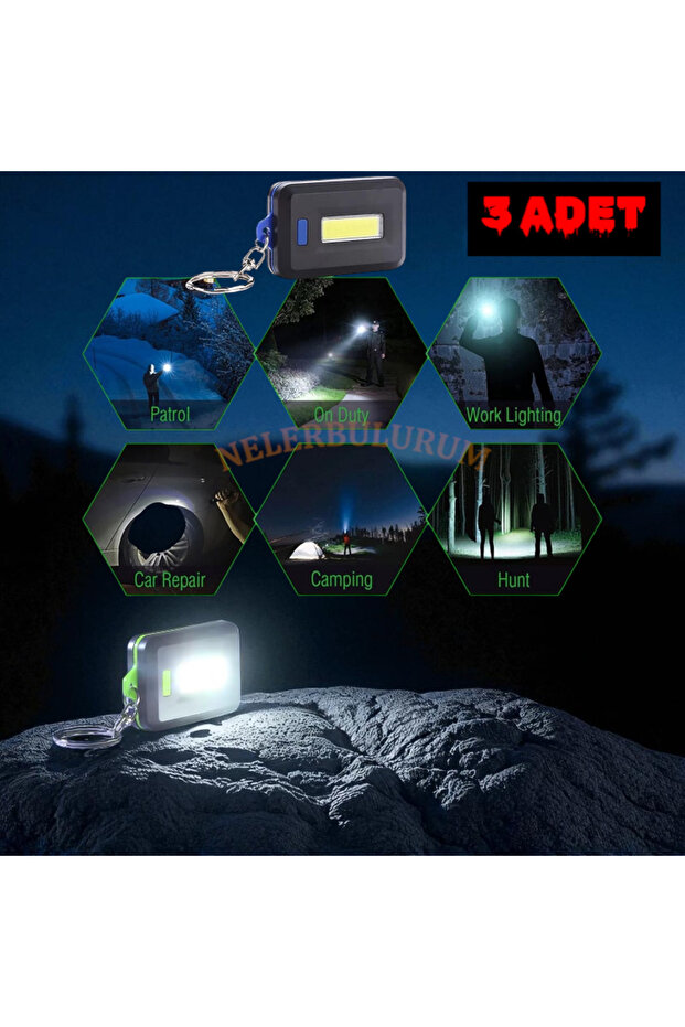 3 ADET Pilli Ve Güçlü Işık Açma-kapama Tuşlu Cob Ledli Anahtarlık Fener - 2