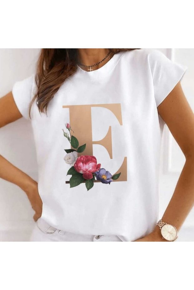 Tricou de damă, bumbac, litera E, alb - S