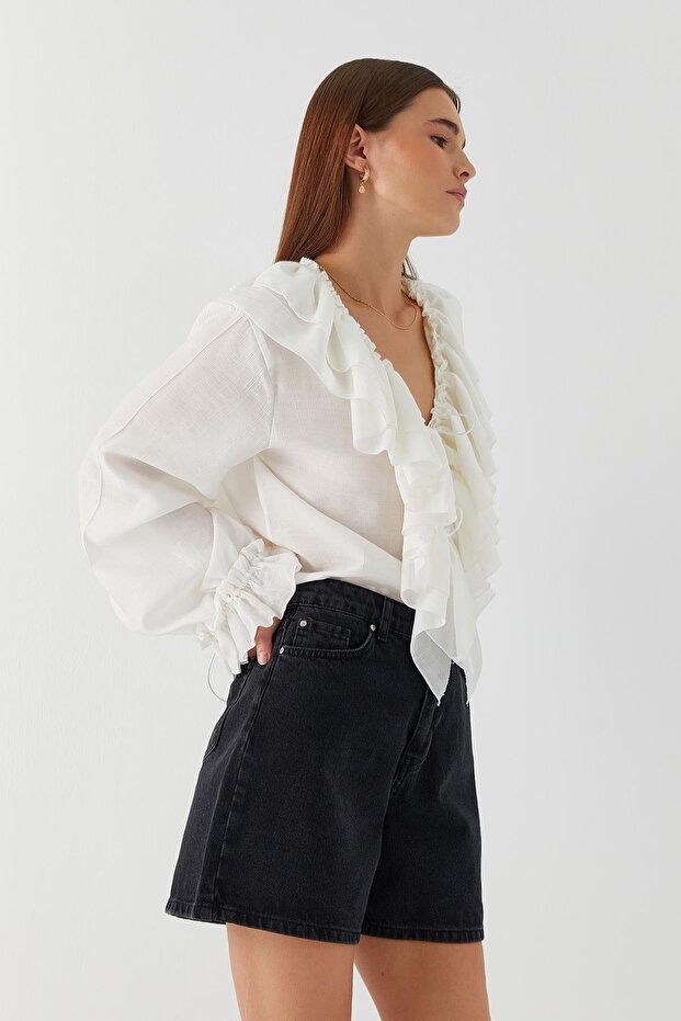 Yüksek Bel Denim Şort Siyah - 4