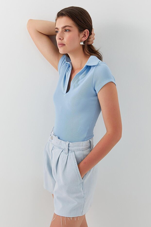 Yakalı Basic Bluz Mavi - 1