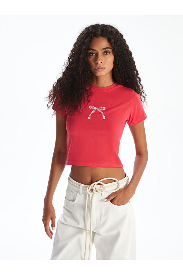 Candy Shop Quality Oval Collar Ribbon Printed Crop Top