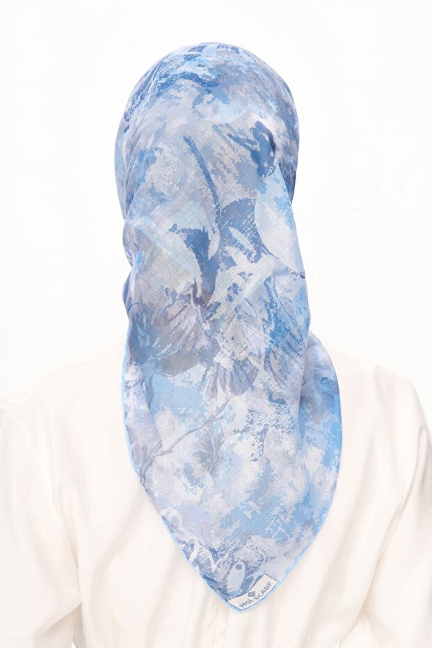 Voile De Lin Patterned Square Scarf Blue - 5
