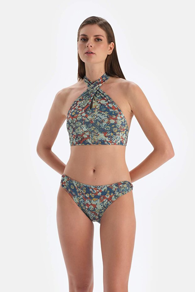 Kiremit-Mavi Halter Yaka Bikini Üst - 5