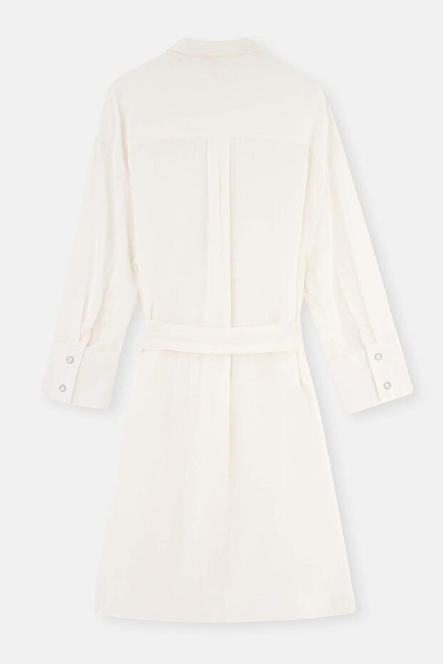 Ekru Önden Düğmeli Elbise - 2