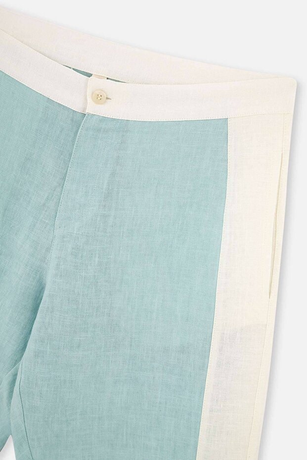 Ekru - Yeşil Keten Şort - 3