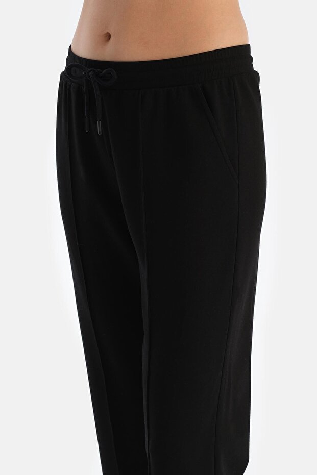 Siyah Bol Paça Nervürlü Basıc Modal Pantolon - 5