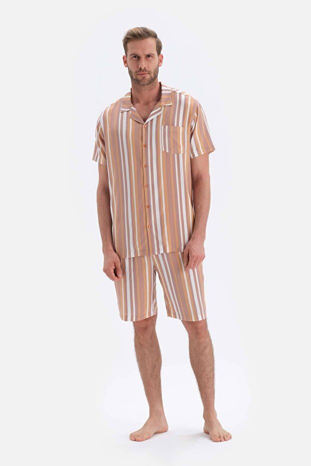 Brown Striped Shirt Collar Shorts Woven Pajama Set