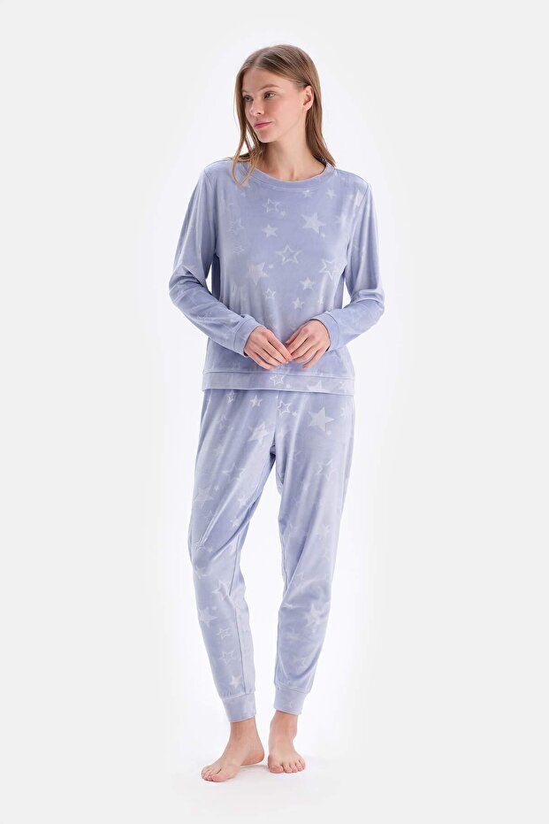 Mavi Gofre Yıldız Detaylı Örme Pijama Takımı - 6