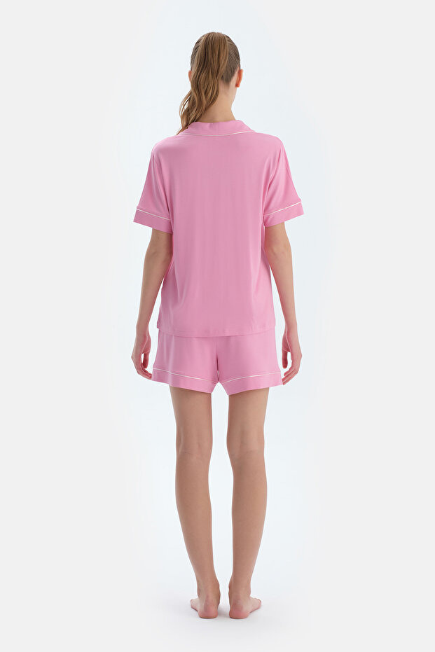 Pembe Biye Ve Nakış Detaylı Viskon Gömlek Şort Pijama Takımı - 2