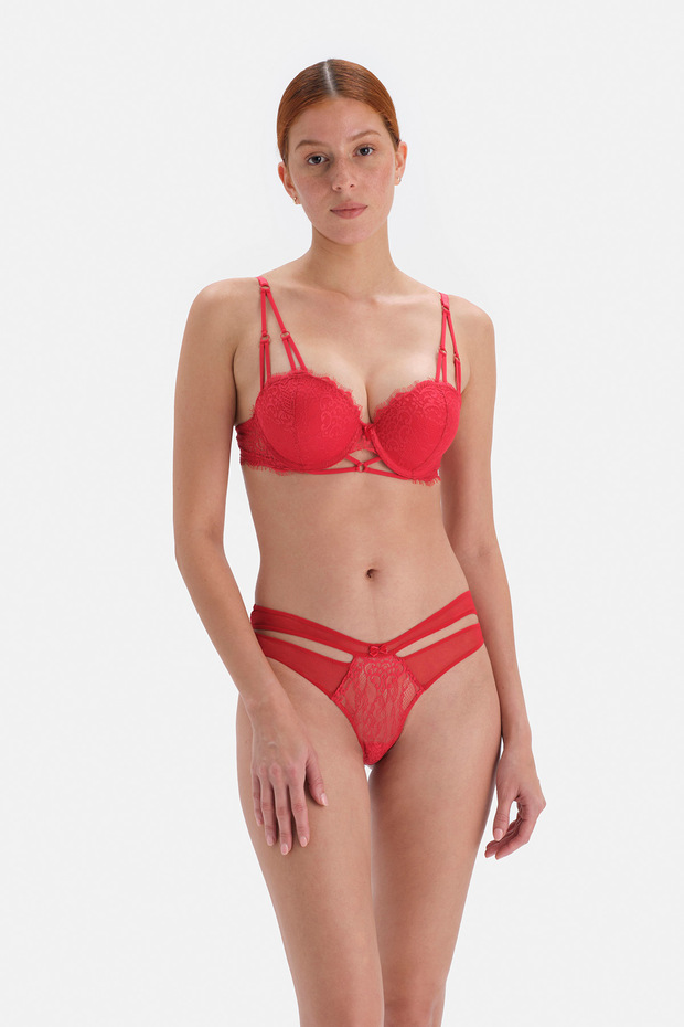 Red Fully Padded Underwire Lace Bra - 4