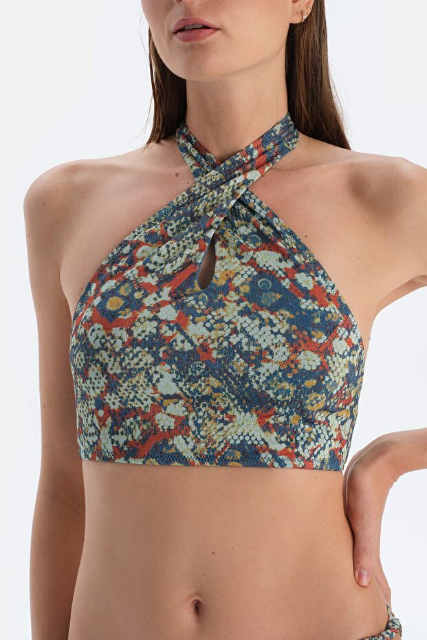 Kiremit-Mavi Halter Yaka Bikini Üst - 6