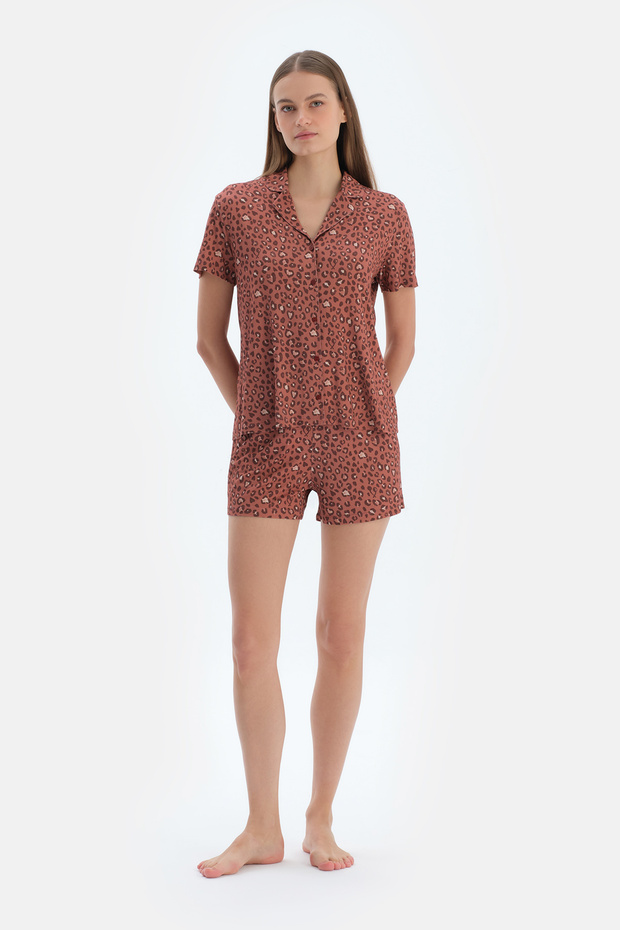 Kiremit Leopar Desenli Gömlek Şort Pijama Takımı - 2