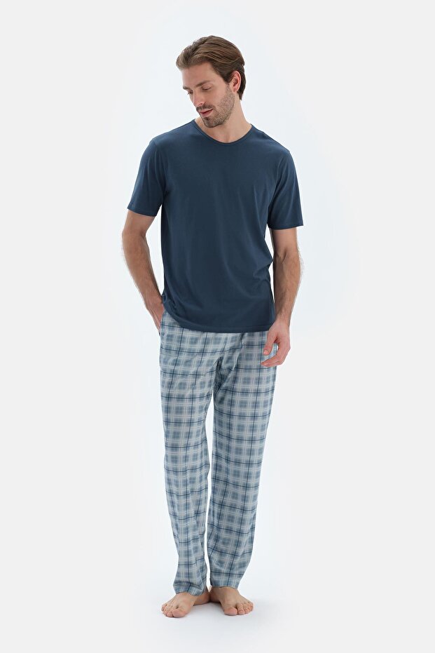 Mavi Ekoseli Penye Modal Basıc Pantolon - 1