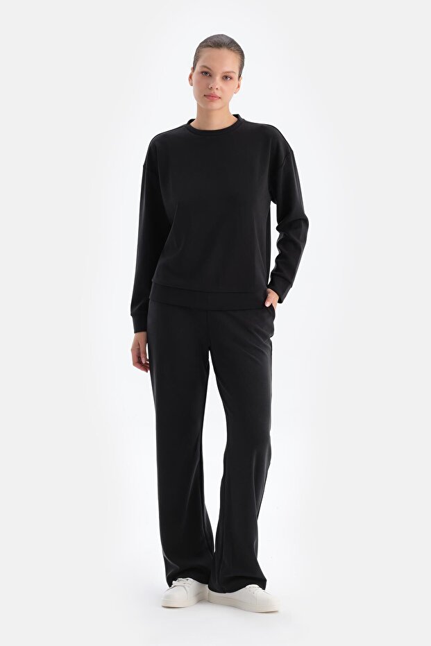 Siyah Bol Paça Basıc Modal Pantolon - 1