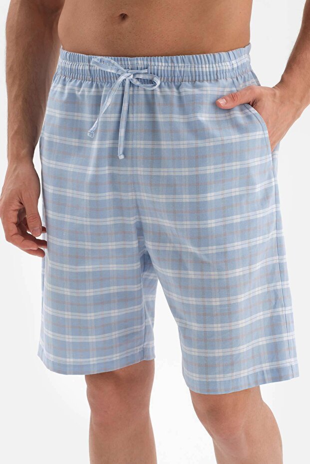 Açıkmavi Gömlek Yaka Ekose Dokuma Şortlu Pijama Takımı - 5