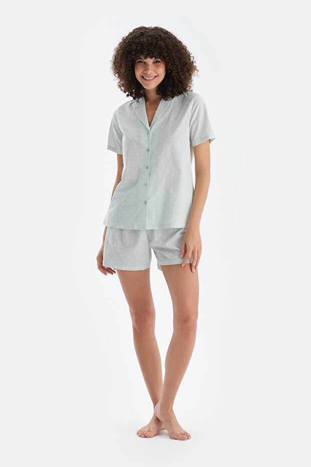 Turkuaz Puantiyeli Dokuma Şort - 4