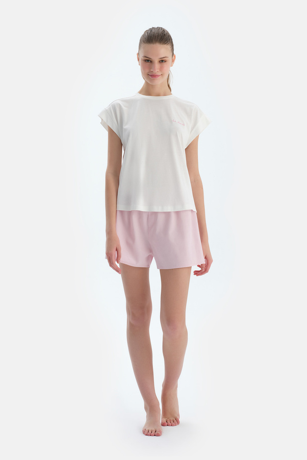 Ekru Nakış Detaylı Dokuma Şortlu Pijama Takımı - 4