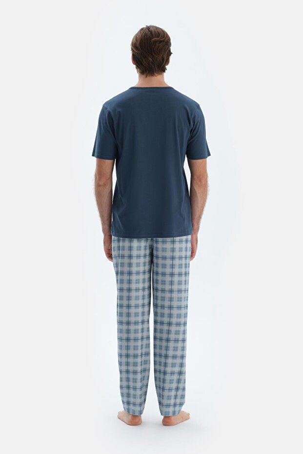 Mavi Ekoseli Penye Modal Basıc Pantolon - 2