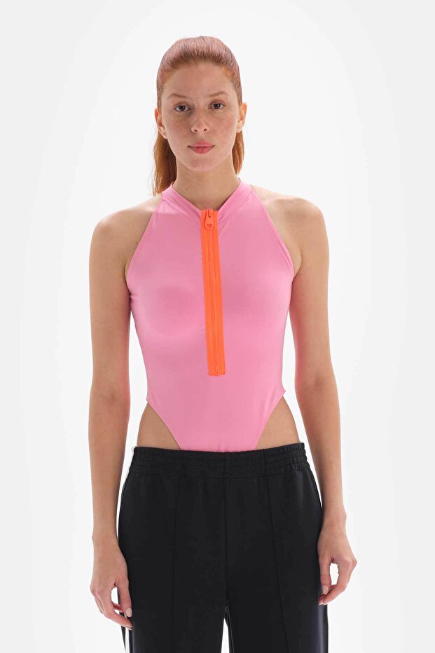 Pembe Active Kadın Bodysuit Fermuarlı - 6