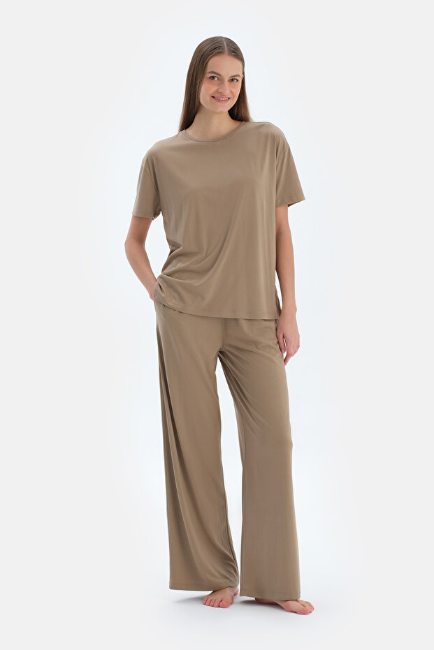 Sütlü Kahve Kısa Kollu Basıc Modal Tişört - 5