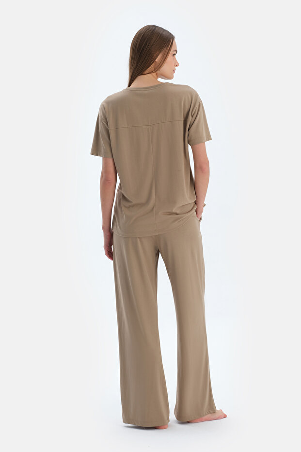 Sütlü Kahve Kısa Kollu Basıc Modal Tişört - 2