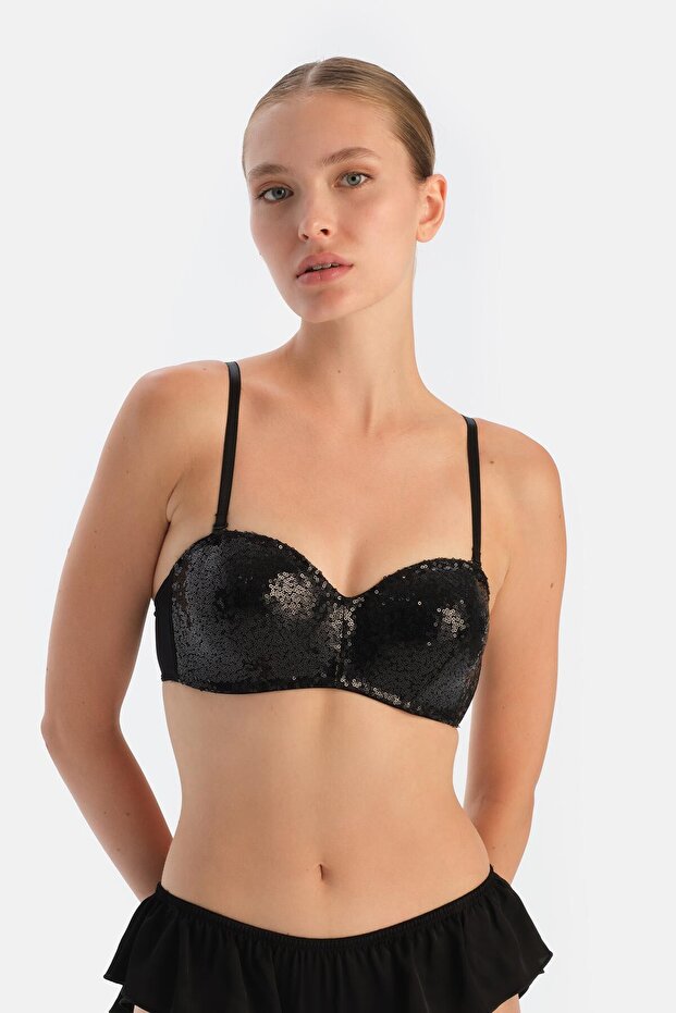 Black Sequined Strapless Bra - 1