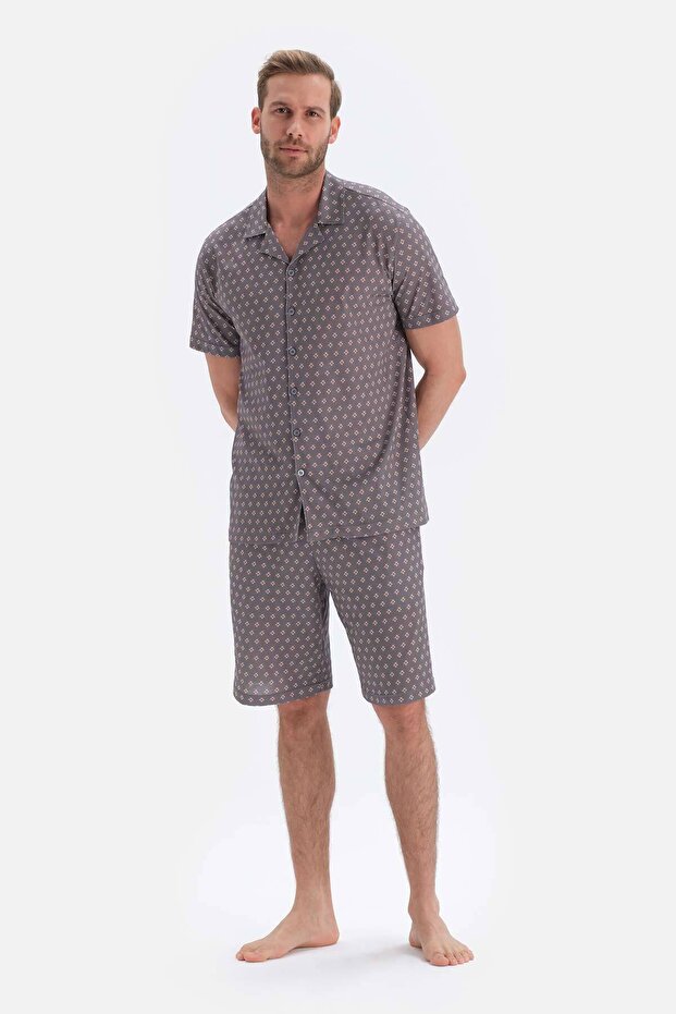 Gri Metraj Baskılı Gömlek Şort Örme Pijama Takımı - 6