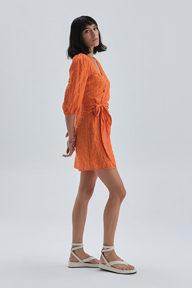 Turuncu V Yaka Pamuklu Elbise - 3