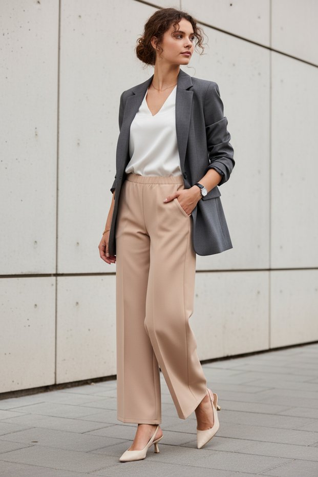Beige Back Elastic High Waist Wide Leg Palazzo Women's Casual Fabric Trousers 2345