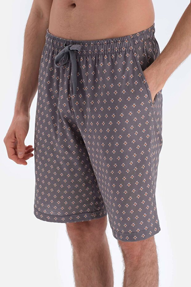Gri Metraj Baskılı Gömlek Şort Örme Pijama Takımı - 4