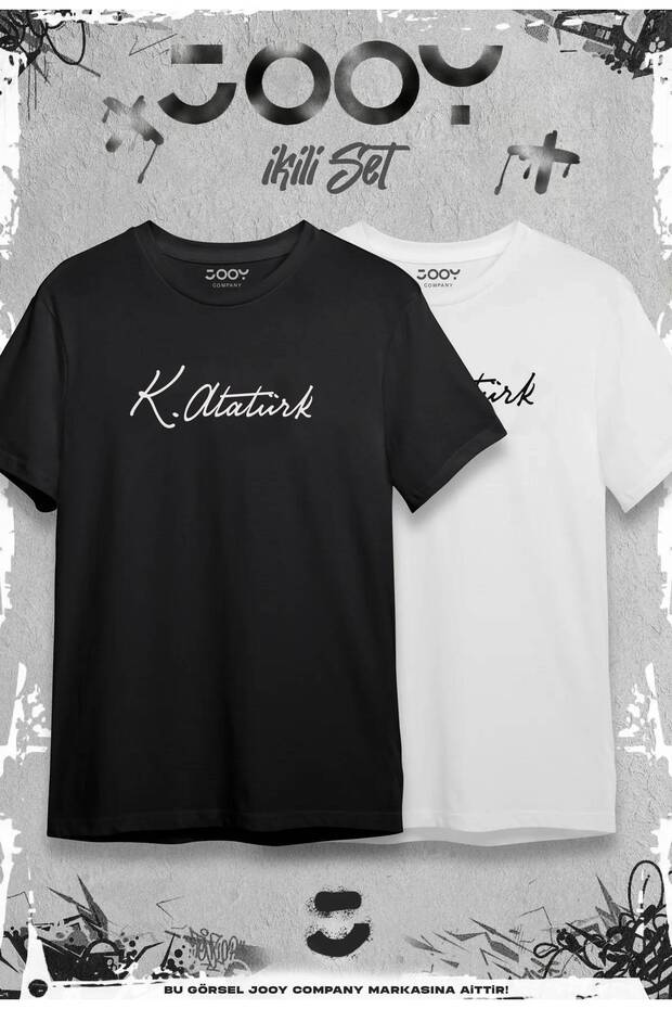Ataturk Signature Printed Oversize Wide Fit T-Shirt Black and White Set of 2