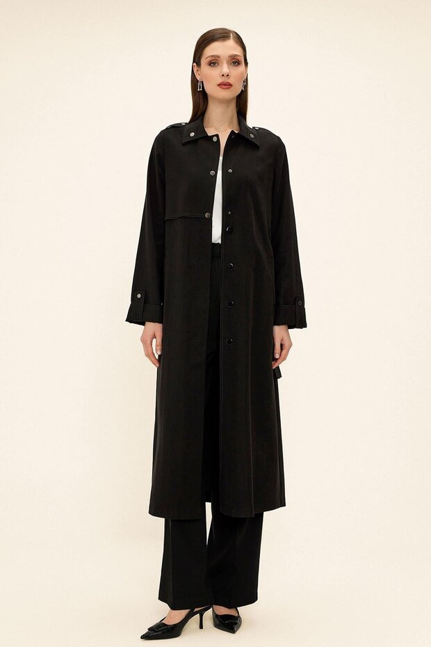 Contrast Stitching Detailed Unlined Modal Trench Coat Black 6717