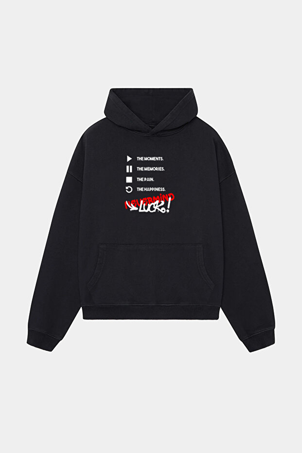 Unisex Hooded Sweatshirt - Luck Written Oversize Hoodie Black
