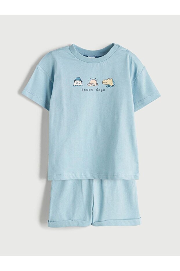Blue Crew Neck Printed Baby Boy Shorts Set