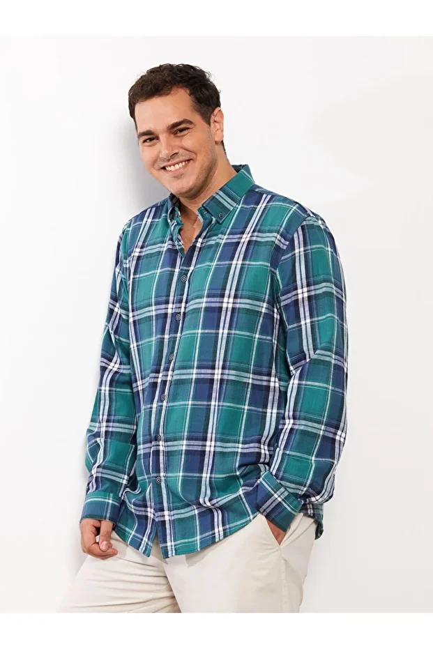 Yeşil Regular Fit Uzun Kollu Ekose Poplin Erkek Gömlek - 2