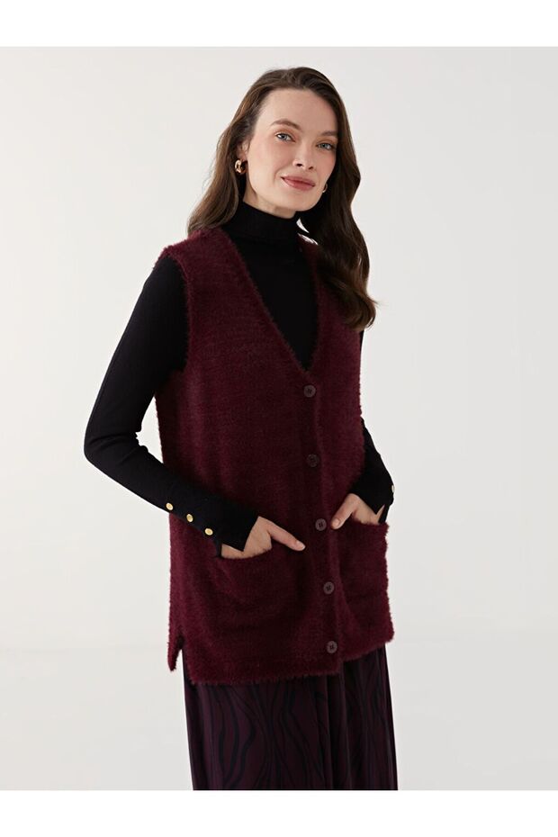 Mürdüm V Yaka Kadın Triko Yelek - 2